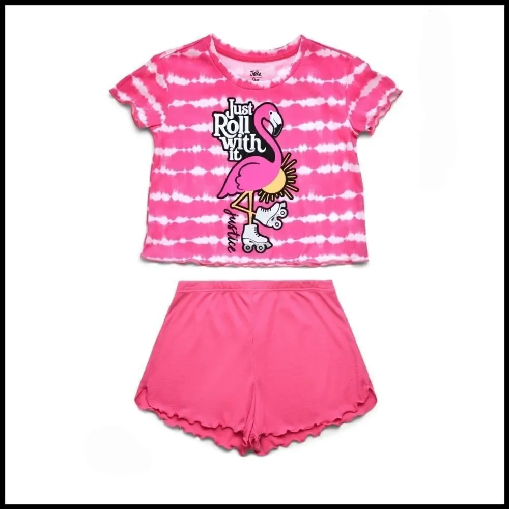 Justice Girls Shorts & T-Shirt Tie Dye Flamingo Pajama Set Size L 12/14